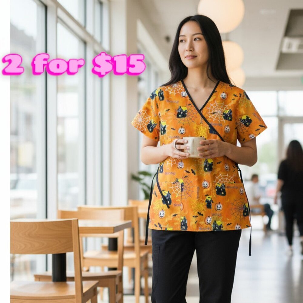 Halloween Fun Festive Spooky Orange & Black V-neck Women's Scrub Top